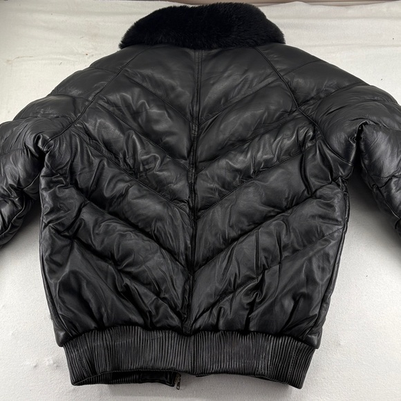Black Leather Puffer Jacket with Fur Collar 3XL - Picture 14 of 16